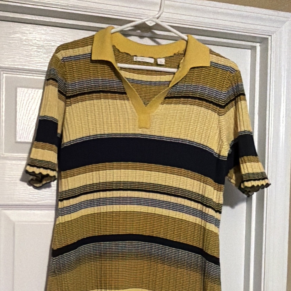 Women's XL Striped Knit Collared Short Sleeve Sweater Dress Yellow Stripes Dress - Picture 8 of 10
